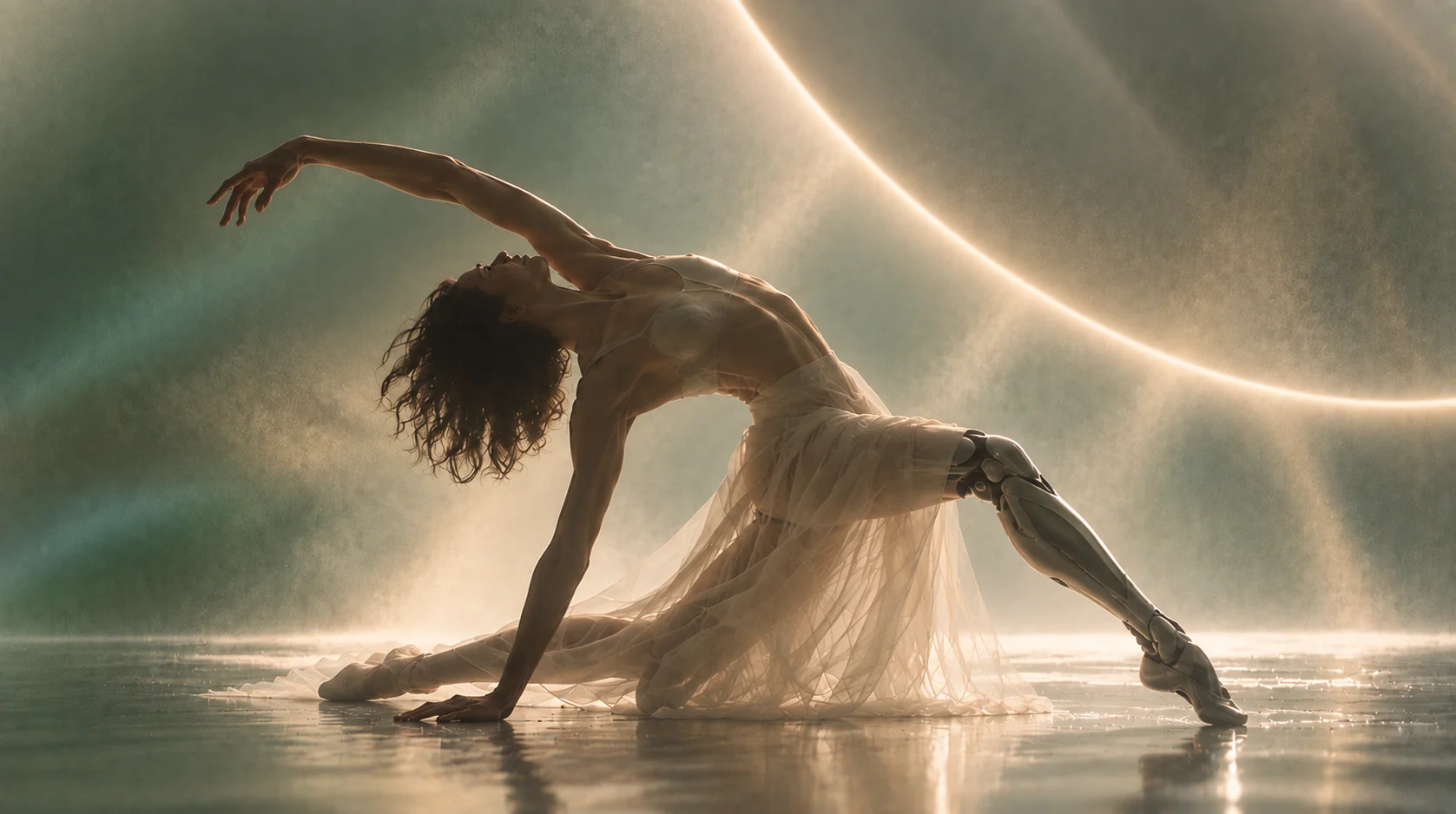 A dancer with a prosthetic leg, arched back on a reflective floor